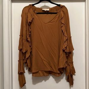 Love Sam Womens Ruffle Long Sleeve Blouse Sz Small Brown V Neck Top
